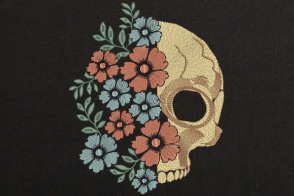Skull with Flower Embroidery Design